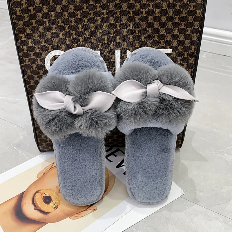 Women House Slippers Faux Fur Fashion Warm Shoes Woman Slip on Flats Female Slides Black Pink Cozy Home Furry Slippers