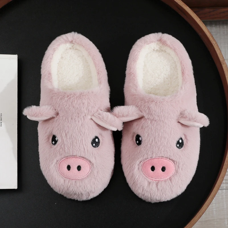 New Cute Cartoon Pink Pig Fluffy Slippers For Women Autumn Winter House Shoes Warm Plush Keep Queit Girls Home Cotton Slipper