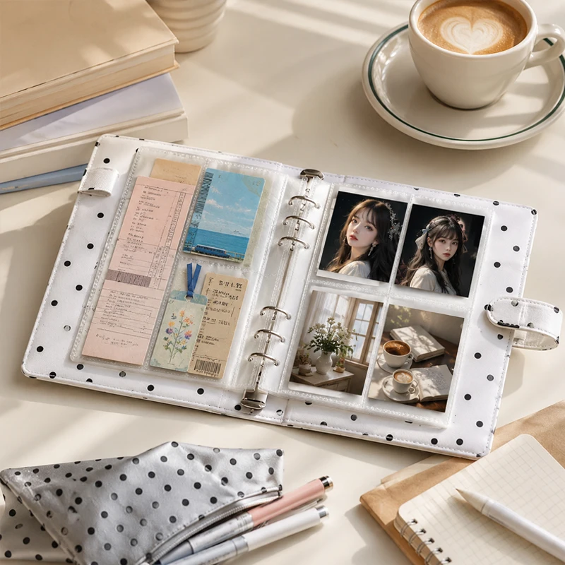 A5 Pu Leather Card Binder 100 Grid with 25 Pcs 4 Grid Sleeves Polka Dot Collection Album for Cards