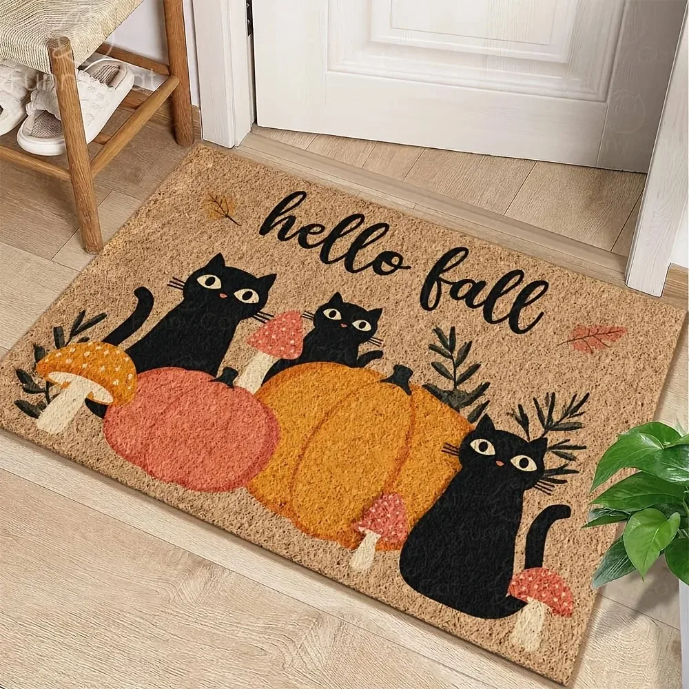 Autumn black cat door mat anti slip foot pad pumpkin mushroom autumn pattern porch indoor entrance home decoration carpet