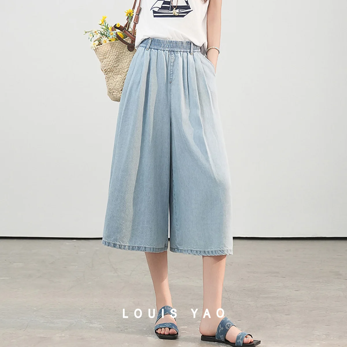 LOUIS YAO Denim Captcha Pants 2025 Summer Pants Casual High Waisted Lyocell  Fabric Drape Elastic Waisted Loose Wide Leg Jeans