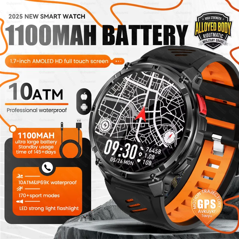 

2025New Military GPS TANK Smart Watch Men Outdoor 1100mAh Battery Flashlight Watch HD Bluetooth Call Waterproof Sport Smartwatch