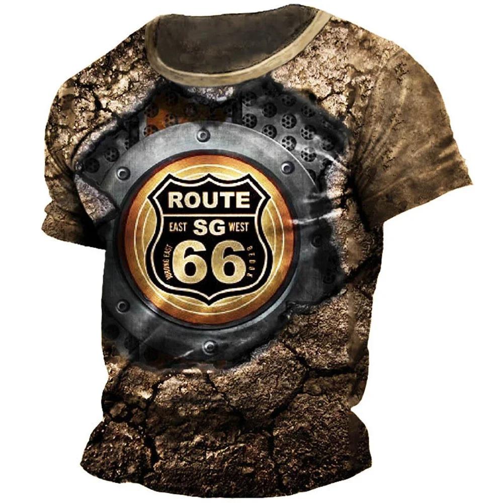Route 66 Print T Shirt For Men American Harajuku Summer Vintage Clothes Casual O-neck Short Sleeve Loose Tops Fashion Streetwear
