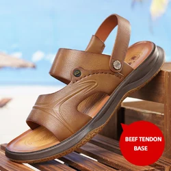 LAORENTOU genuine leather breathable sandals for men's summer casual sandals with thick soles and non slip cow tendon soles