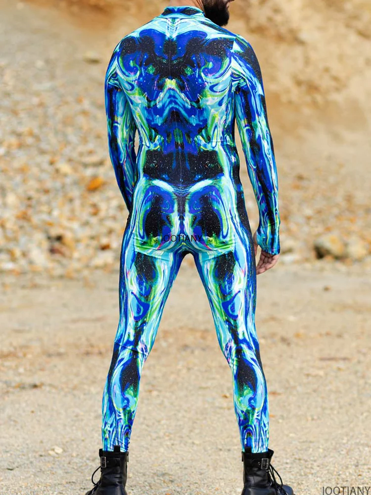 Halloween Kleurrijke Jumpsuit Volwassen Robot Cosplay Catsuit Mannen Muscle Print Zentai Pak Vakantie Feest Morfsuit Rave Unieke Outfits