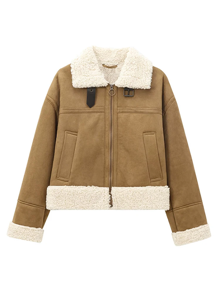 

Casual Loose Retro Women's Jacket Plush Lining Turndown Collar Zipper Long Sleeve Jackets Fashion Winter Warm Windproof Coat