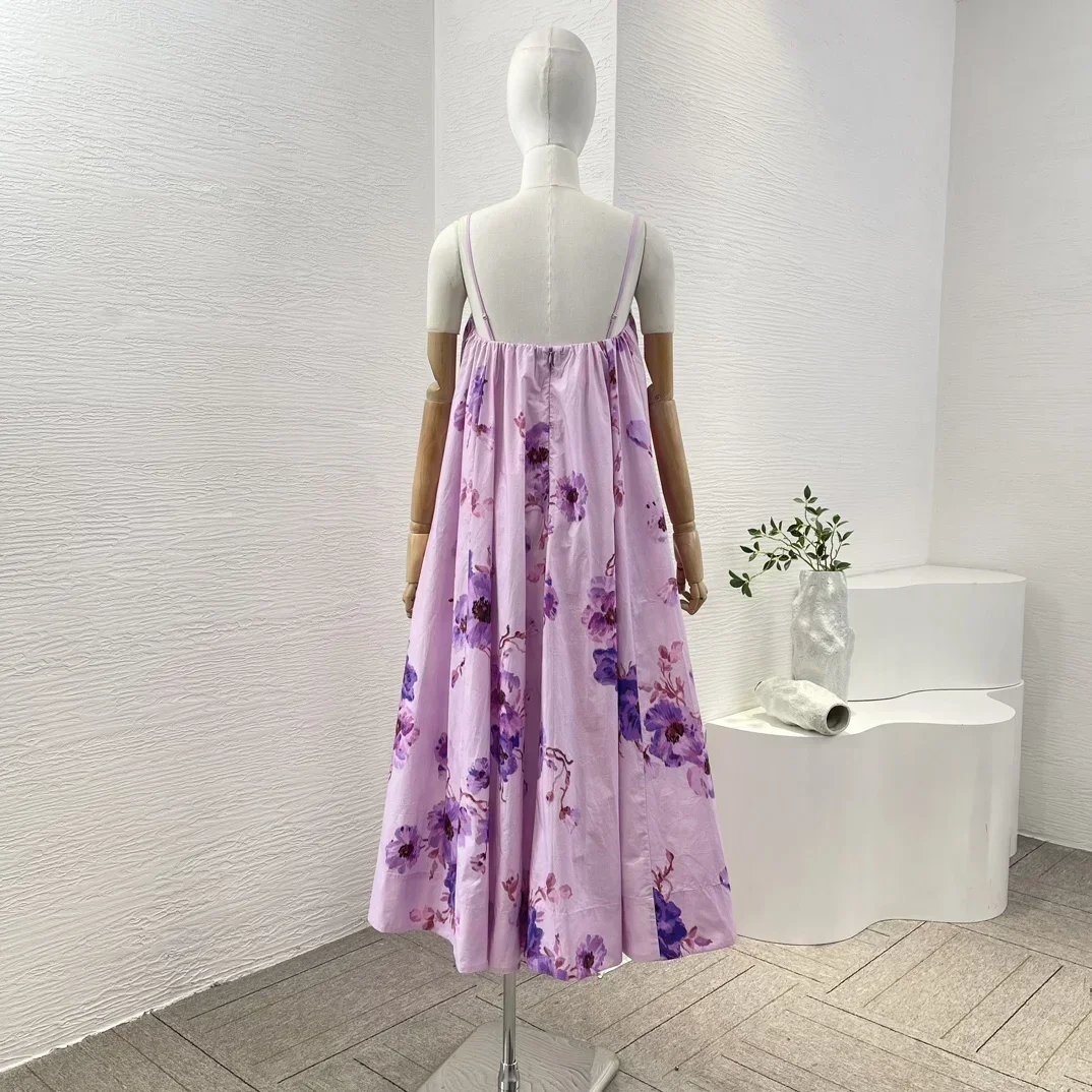 Pink New Summer Holiday Cotton High Quality Women Sleeveless Floral Print Camisole Pleats Violet Strapless Midi Loose Dresses