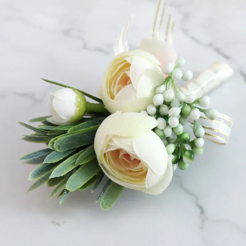 Künstliche Elfenbein-Rosenblumen, Simulation Seiden-Corsage, Boutonniere, gefälschte Handgelenkblumen für Hochzeit, Geburtstag, Braut