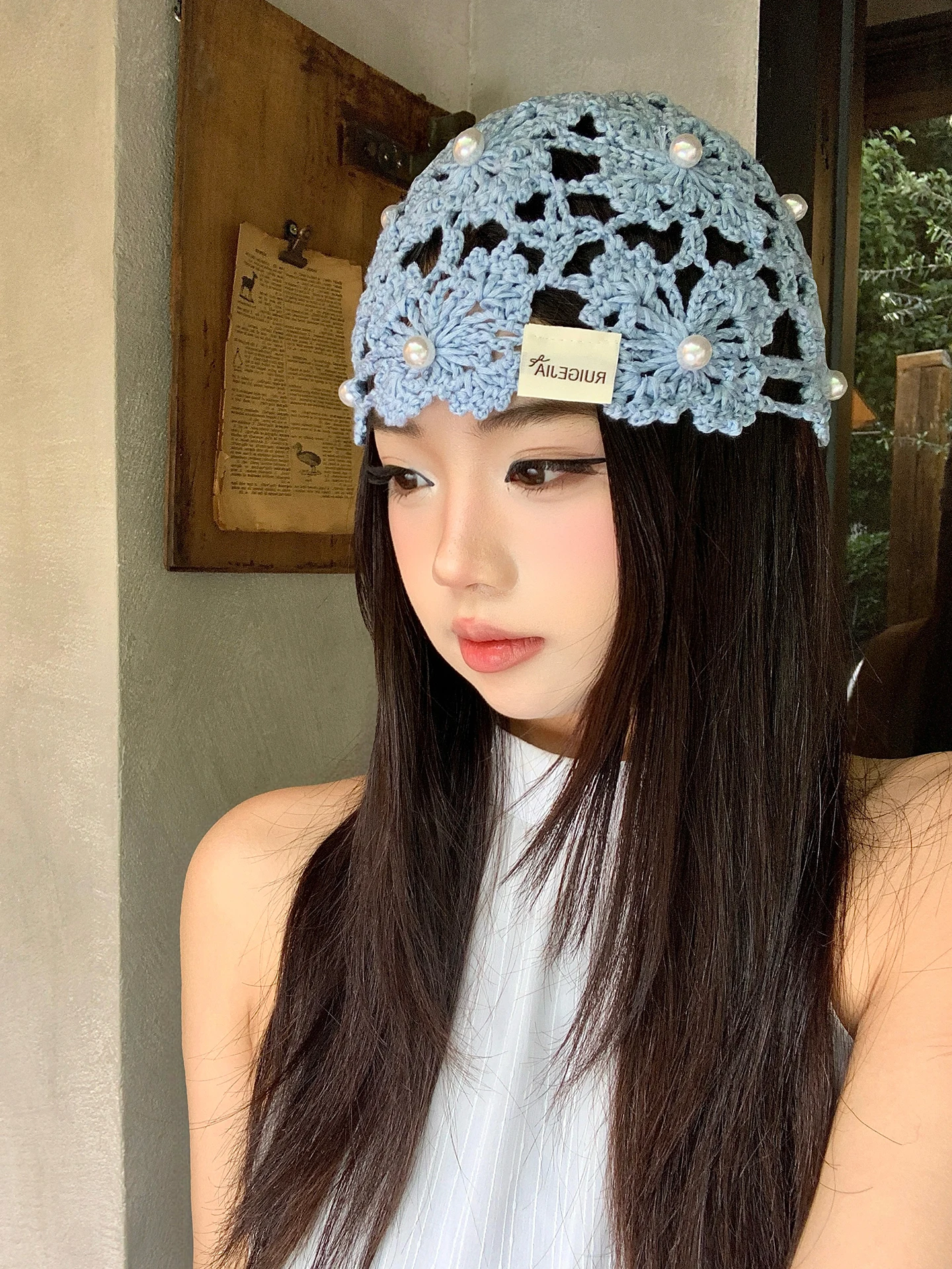 Hand Knitted Pearl Hollow out Women's Summer Thin Breathable Knit Cold Cap Versatile Overhead Hat Casual Style Spring Summer