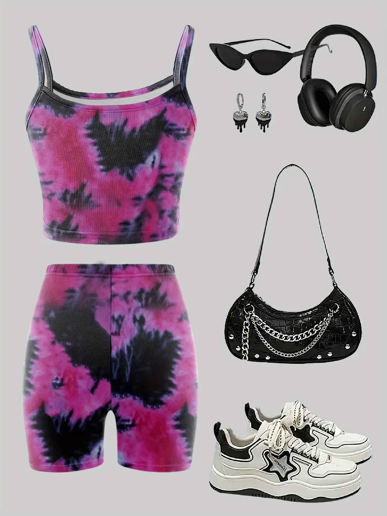 Trendy Girls 2Pcs Tie Dye Co-Ord, Pink Black Tie-Dye Cami Crop Top & High Waist Biker Shorts Summer Outfit