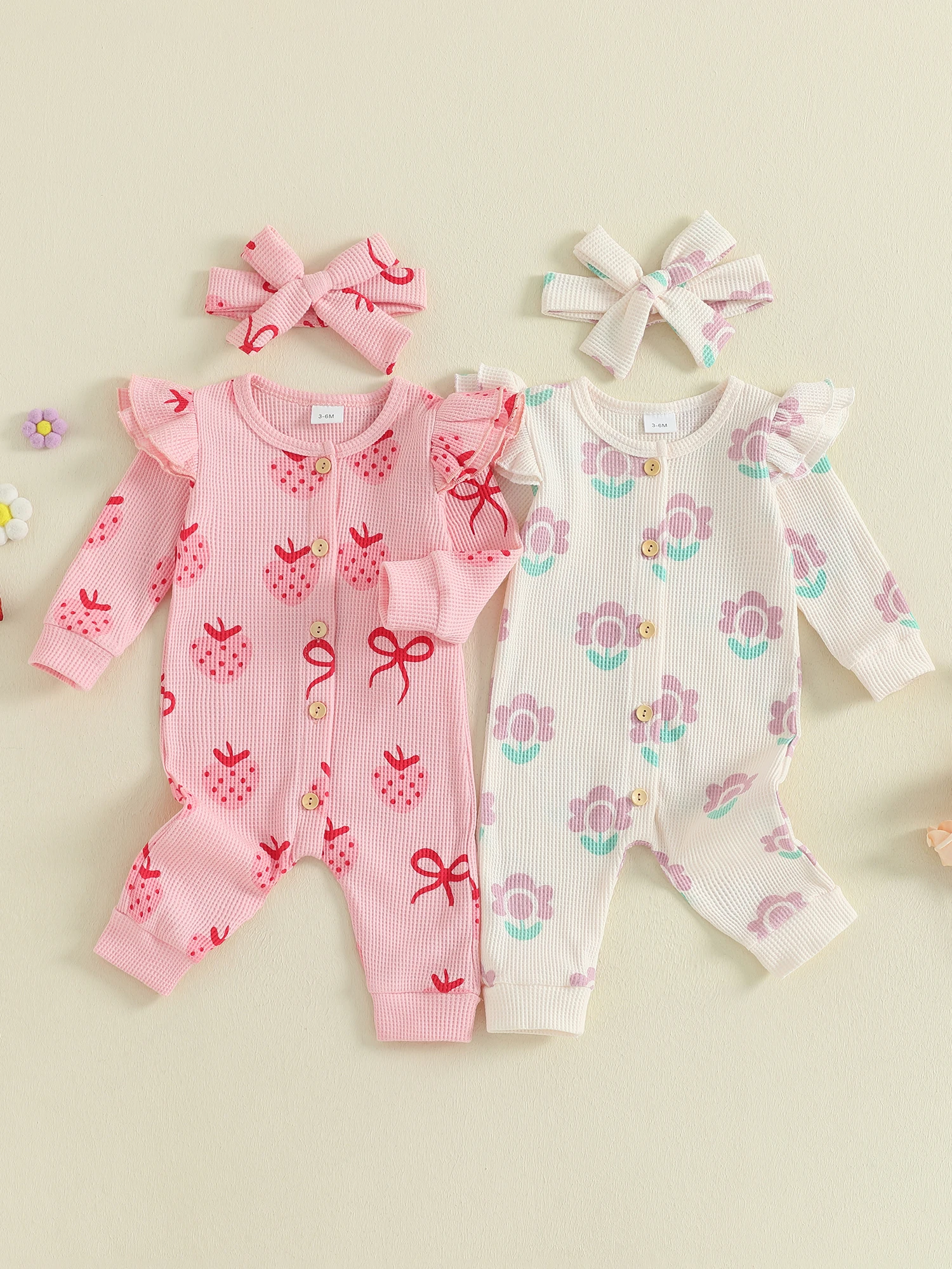 

Adorable Infant Girl with Matching Bow Headband Cute Floral Print Romper for Autumn Long Sleeve Ruffle Jumpsuit