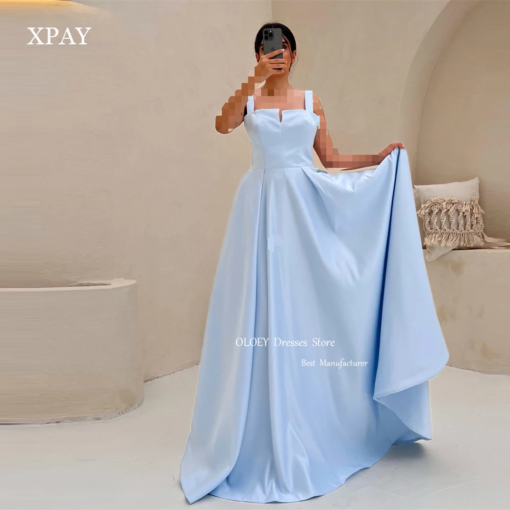 

XPAY Simple Light Blue Satin Evening Dresses Arabic Women Wide Straps Floor Length Corset Back Prom Gowns Plus Size Formal Party