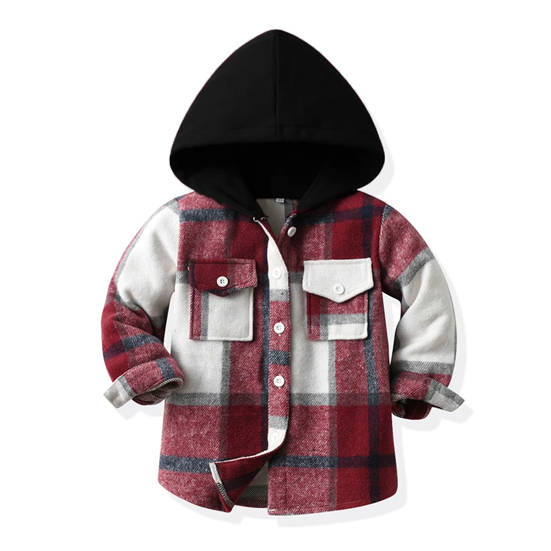 6M-4Y Unisex Kids Boys Girls Flannel Hooded Jackets Coats Toddler Plaid Buttons Down Casual Outerwear Children Clothing