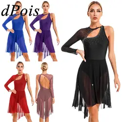 Mulheres Manga Longa Palco Dancewear, Vestido de Patinação Artística, Vestido de Dança Lírica, Malha Pura, Collant Ginástica, Traje Ginástica