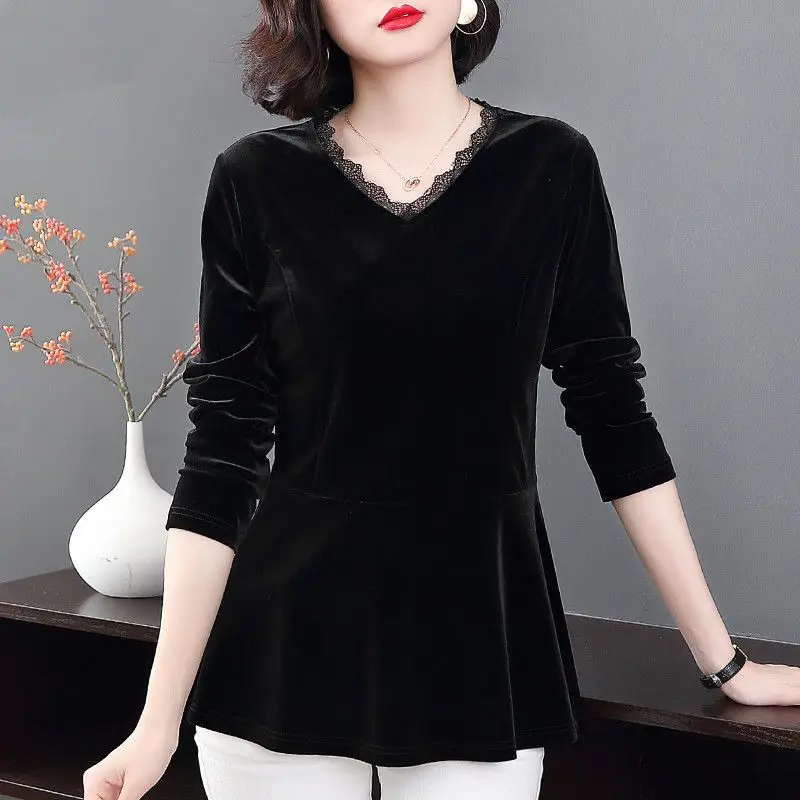 Casual Solid Color Pleuche Shirt Women\'s Clothing Commute Slim Waist Autumn Winter Elegant V-Neck Stylish Lace Spliced Blouse