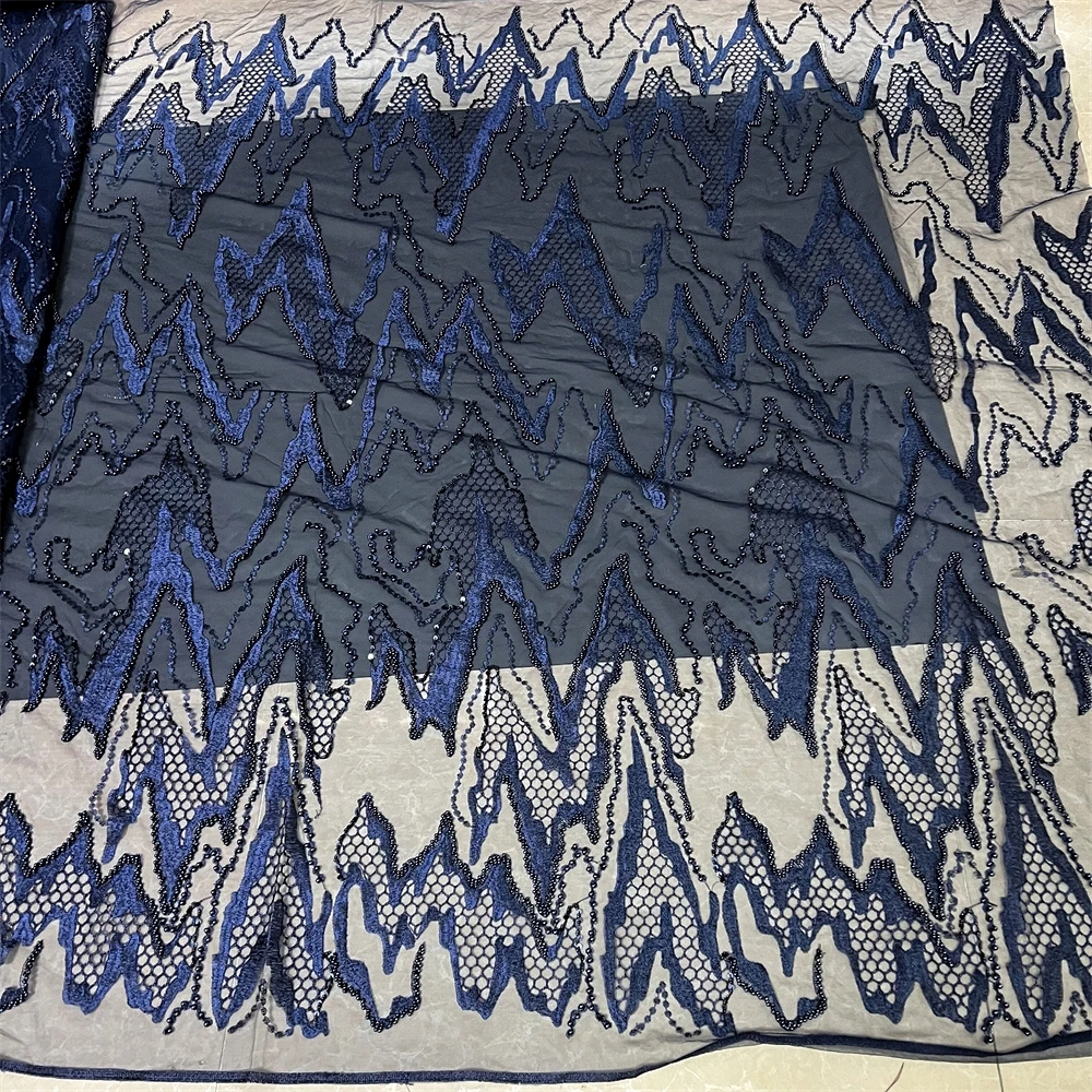 

2025 African Nigerian High-Quality Sequins Embroidery Tulle Lace Fabric Sewing Beads Stone for Prom Dresses DP0484 5 Yards