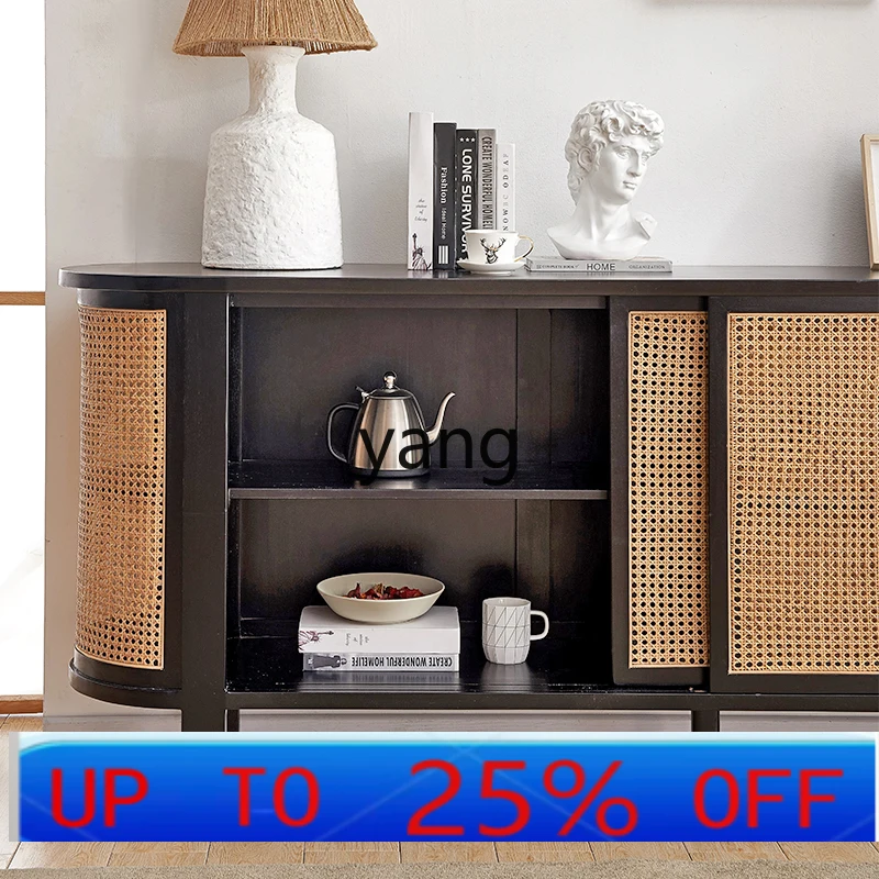 

LMM retro dining side cabinet solid wood porch cabinet black log rattan tea bucket cabinet household