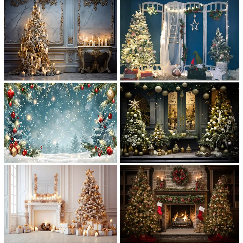 

Christmas Day Photography Backdrops Prop Fireplace Window Winter Xmas Tree Decoration Flower Garland Wood Door Background JU-09