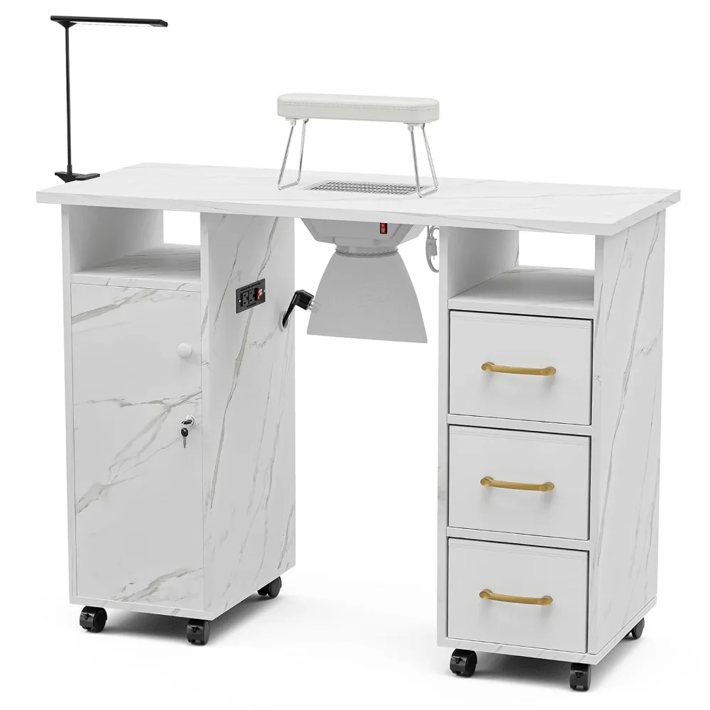 Manicure Table Nail Station Power Outlets, Marble Grained Nail Tech Table Nail Table Station w/Dust Collector,Non-Woven Drawers