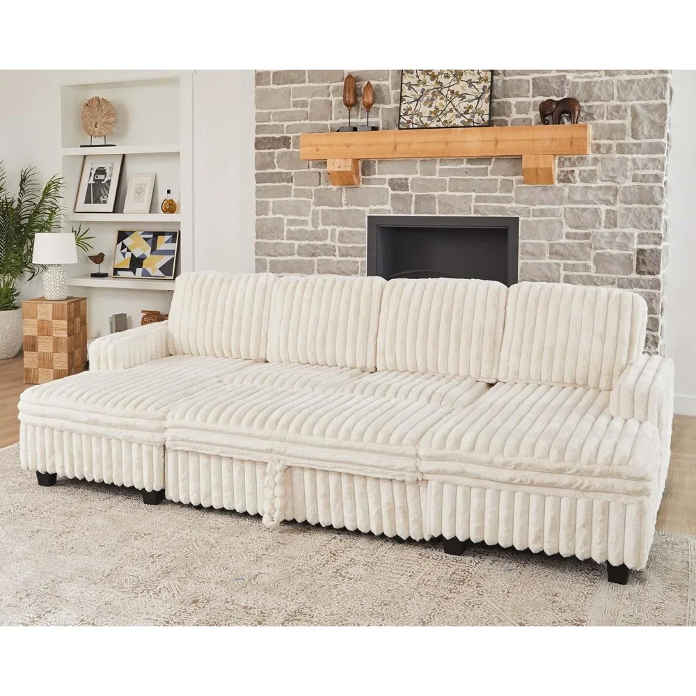 

Modular Sectional Sleeper Sofa with Pull Out Couch Bed Corduroy Double Chaise with Storage White Couch