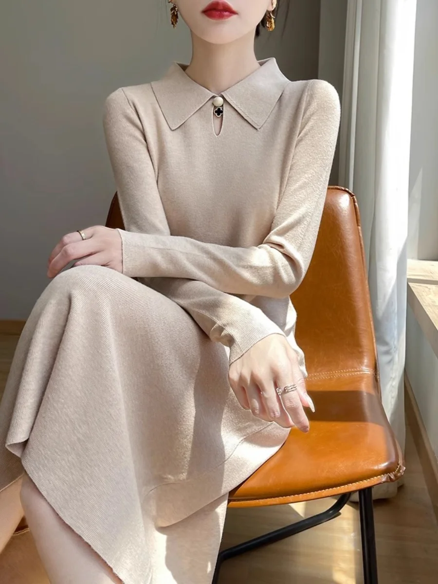 긴 니트 드레스 여성용 가을 겨울 블랙 미디 무릎 길이 칼라 니트웨어 드레스 하이 웨이스트 A라인 스커트 단품