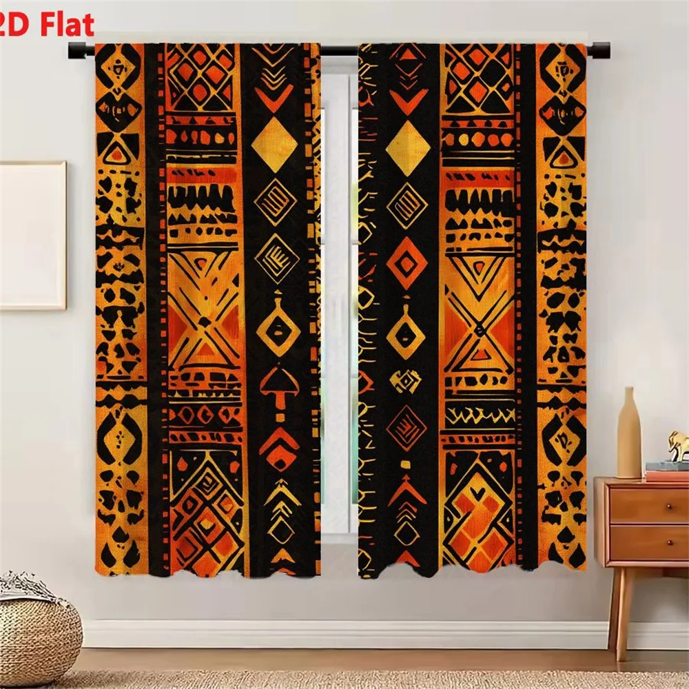 2Pcs Curtains Vibrant Abstract Vertical Band Pattern With Geometric Tribal Motifs In Warm Orange Rust Yellow And Black Window Dr