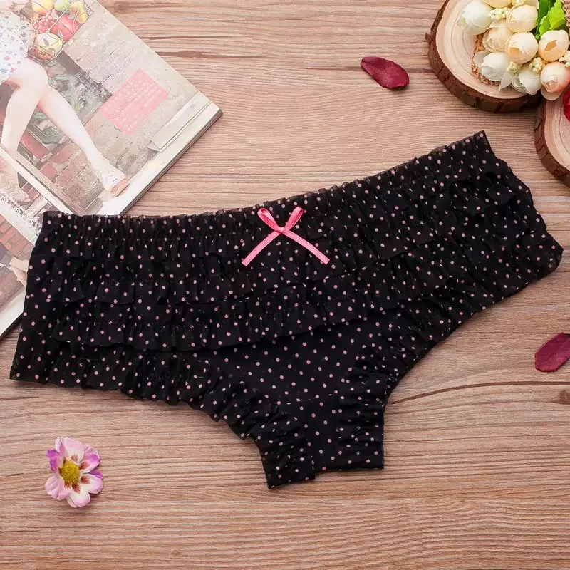 4PCS Sweet Women Low‑Rise Briefs Ditsy Floral Polka Dot Print Knit Fabric Lace Trim Seamless Breathable Intimate Daily Underwear