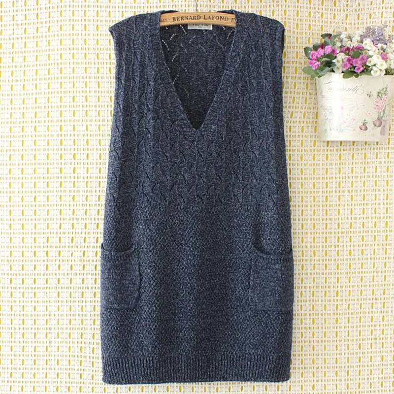 

Plus Size Sweaters Vest Women Clothing Loose Fit High Strecth Long Pullover Argyle Hollow Out Pocket V-Neck Curve Jumper Autumn