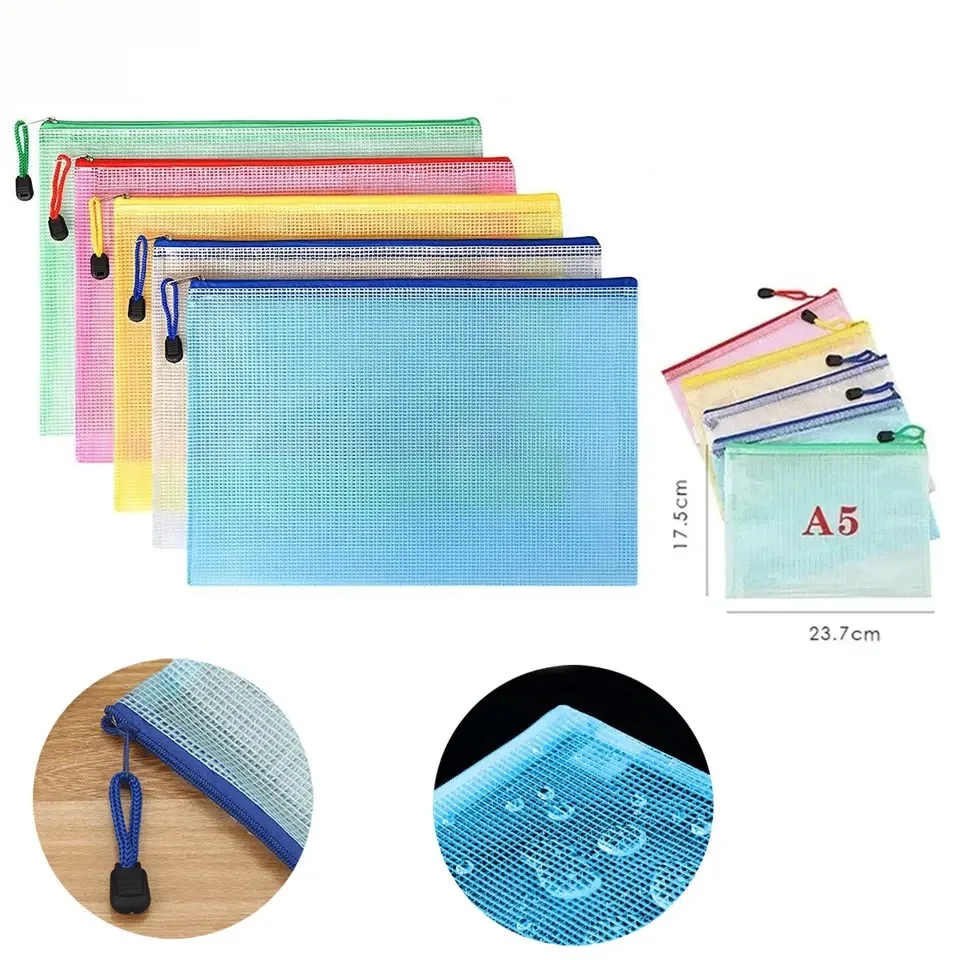 

5PCS Stationery Storage Folder File Mesh Zipper Pouch A5 Document Bag Zip File Folders School Office Supplies