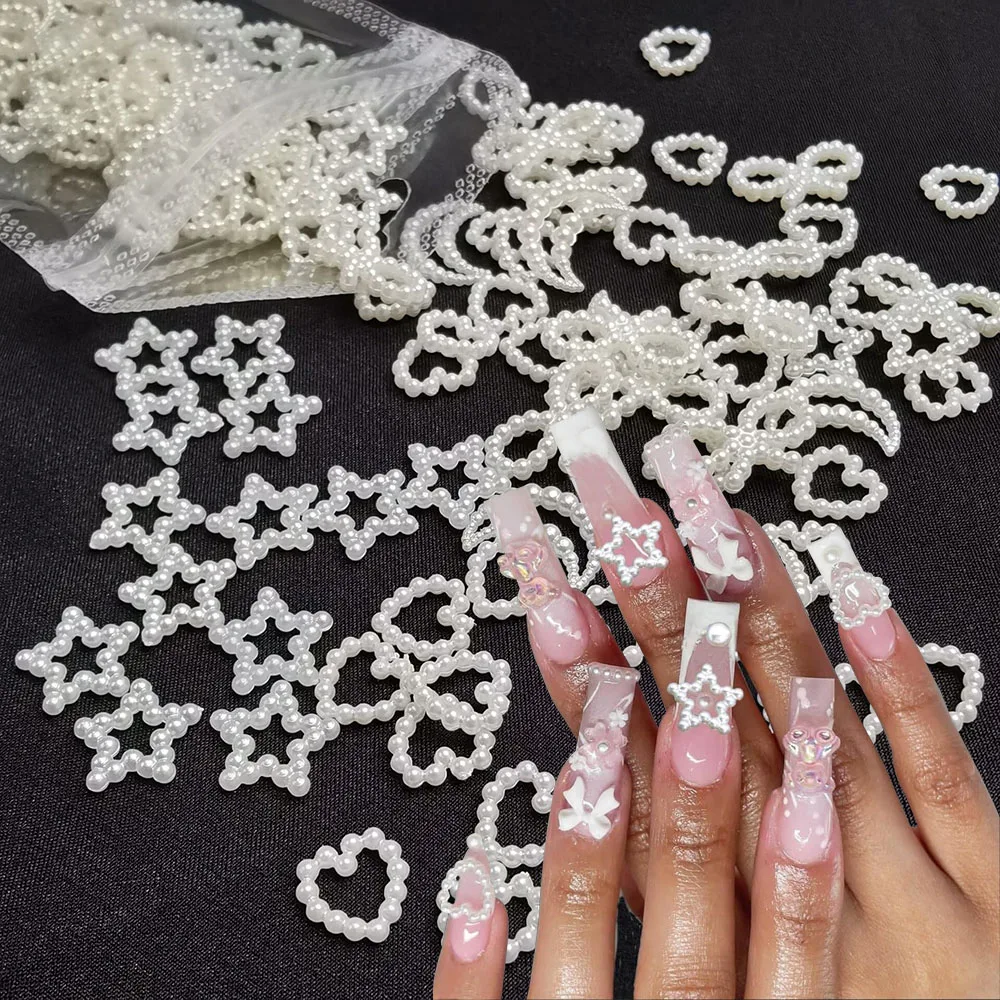 50pcs/bag White Heart Nail Pearls for DIY Nail Decoration 3D Hollow Crafting Jewelry Stars Nails Accessories Mnicure Parts