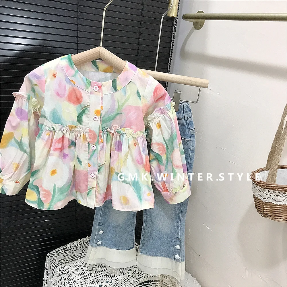 

Children Girl Spring Shirts Clothes Set Cotton Contrast Floral Printed Peter Pan Shirts+spliced Denim Pant Kid Girl 2PCS Outfits