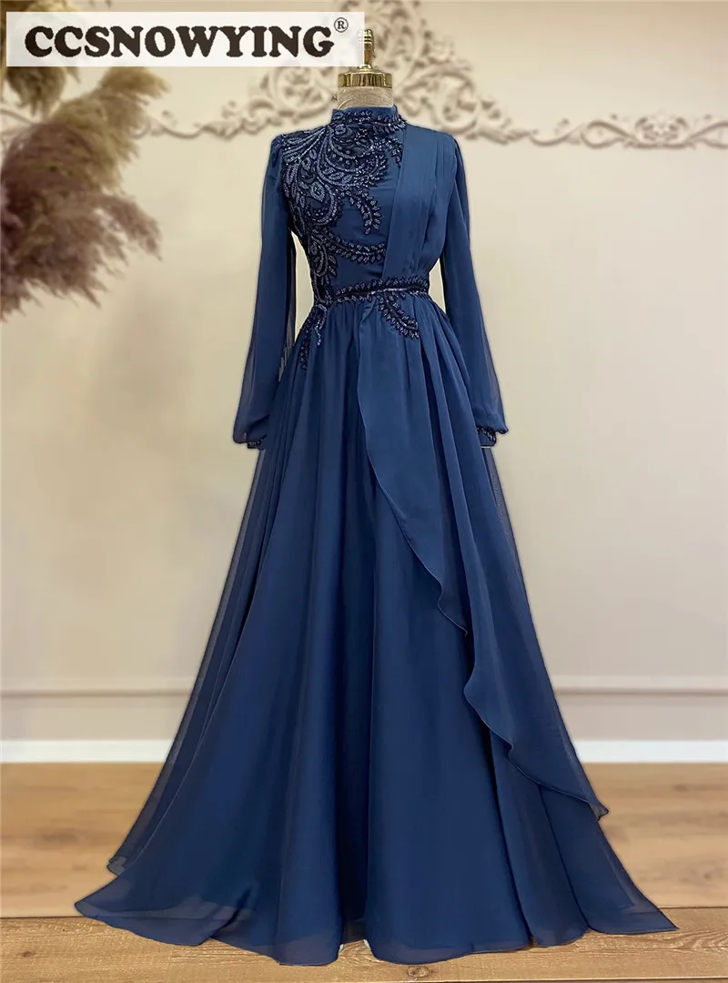 

Chiffon Appliques Long Sleeve Muslim Evening Dresses High Neck Islamic Hijab Formal Party Gown Women Arabic Dubai Robe De Soiree