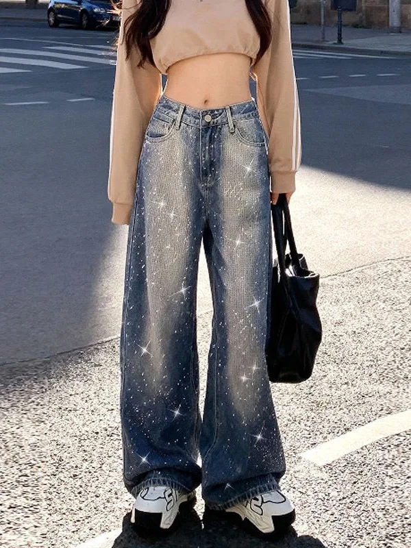 

angxiang Early Spring New Sle Paris Diamond Design Loose Wide Leg Jeans Women's Bright Diamond Heavy Industry Jeans