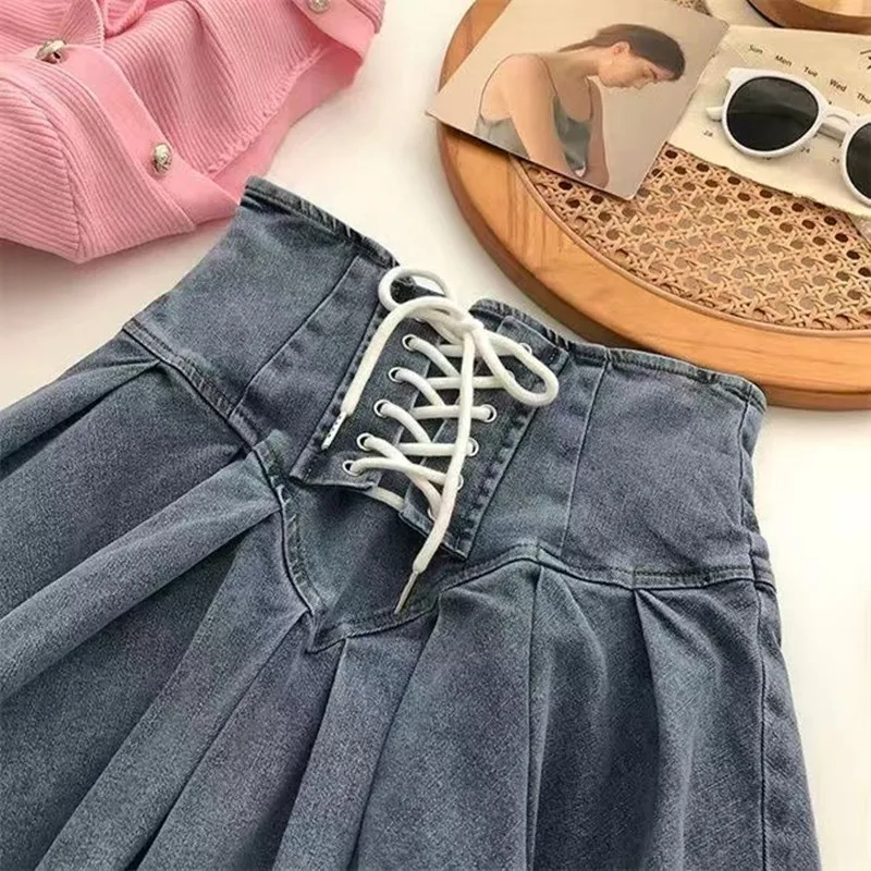 2024 Spring Autumn Girls Pleated Skirt Baby Denim Skirt Kids Skort Children Fashion Bottoms Stretchable Waist Lacing 3-14Y