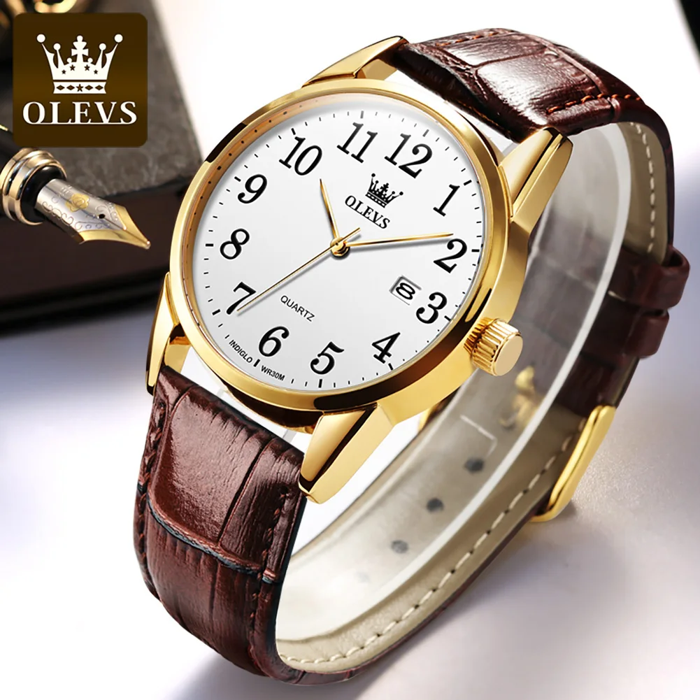 OLEVS Business Classic Men\'s Watch Digital Dial Clock Waterproof Luxury Leather Strap Auto Date Fashion Men\'s Quartz Wrist watch