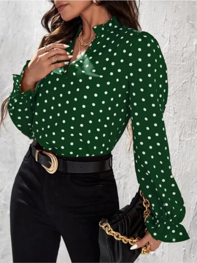 Zomer nieuwe collectie vrijetijdsmode top dames elegante stijl V-hals Polka Dot lange mouwen casual chiffon shirt vrouwelijke kleding