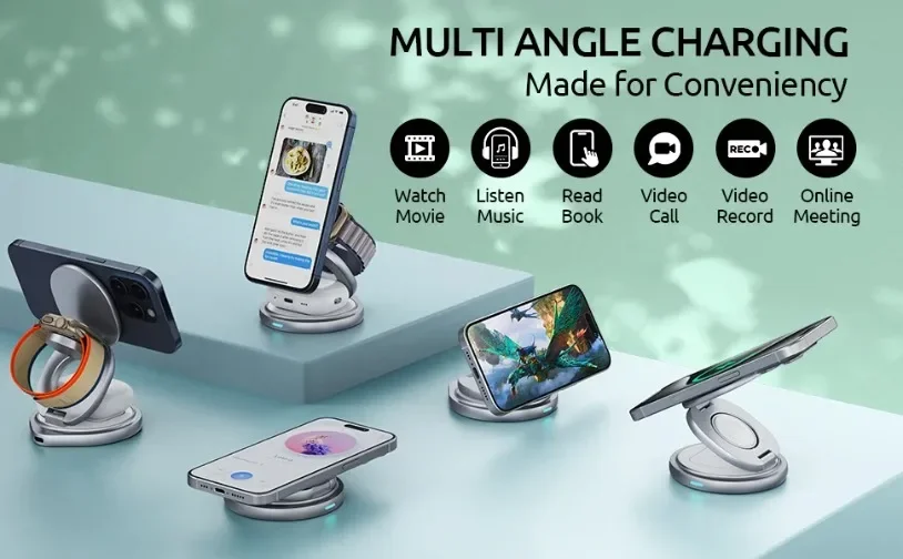 VIKEFON Tragbarer Magnetischer Zinklegierungs-Reise-Schnell-Wireless-Ladeständer für Magsafe iPhone 17-12 Apple Watch 9 8 Airpods Pro – Detail 3