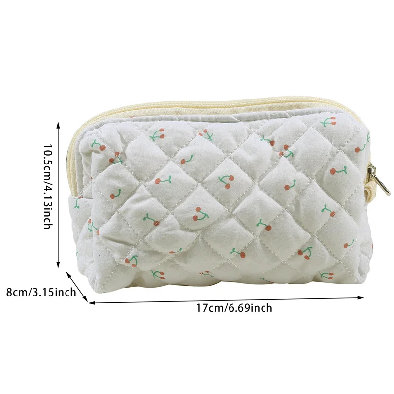 Fashion Women Quilted Cotton Cosmetic Storage Bag Cherry Travel Makeup Storage Organizer Pouch Girls Pencil Case Tote Handbags