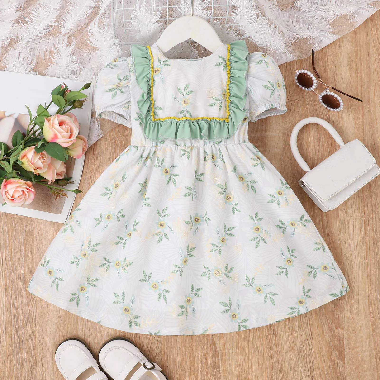 

3-7Y Toddler Kids Girls Summer Princess Dress Short Puff Sleeve Floral Print Ruffle A-line Dress Kids Clothes Girls Sundress