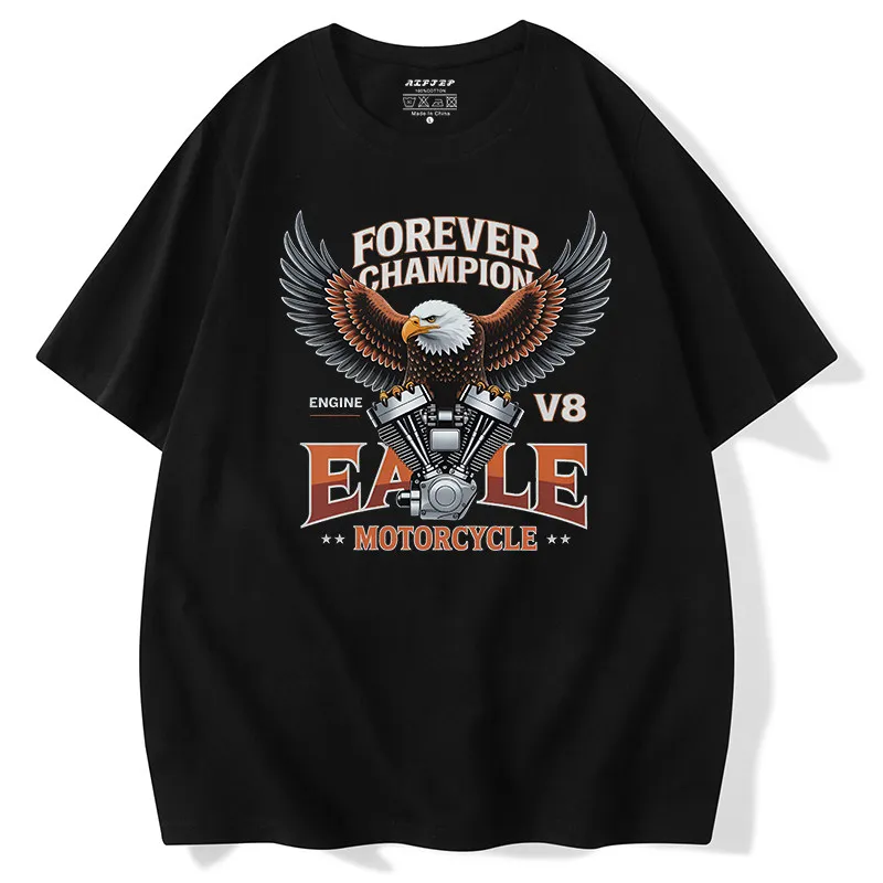 Vintage Trend Brand Eagle Wings Motorcycle Engine Short-sleeved Street Motorcycle Team Pure Cotton Children's and Adult T-shirt