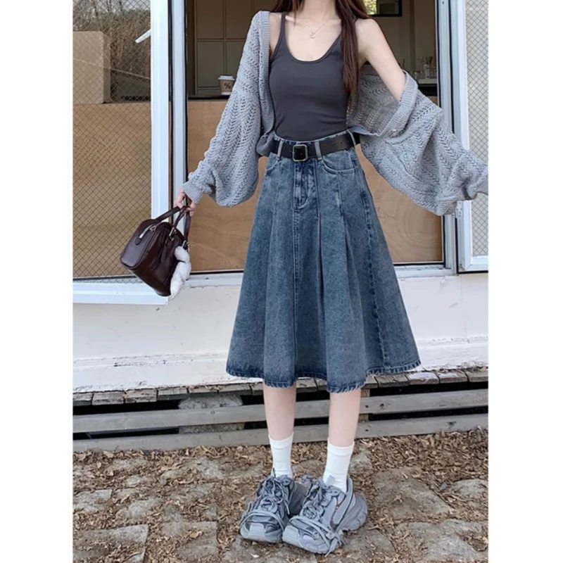 

High Waist A-Line Skirt Women's Denim Pleated Hip Concealing Spring Autumn New Design Slimming Midi Skirt