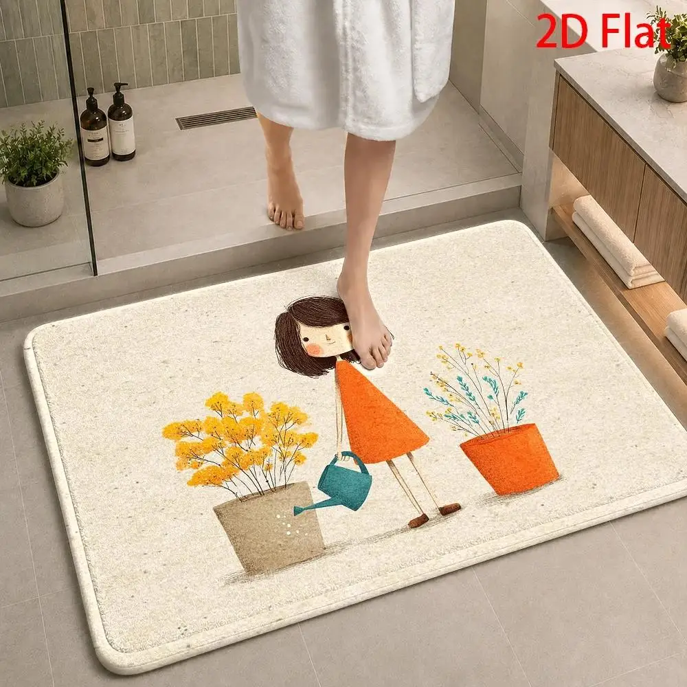 1pc, 2pcs, 3pcs, 2D Flat, Floral Watering Can Bathroom Mat, Comfortable Indoor Area Rug Set, Perfect for Bathrooms, Laundry Rooms, Entryways, And Hallways, Ideal Gift for Home Decor Enthusiasts, Durable