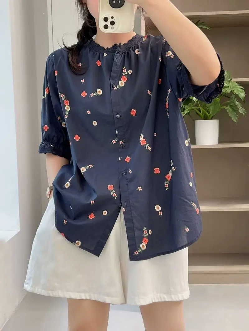 Camisa de algodão com estampa floral feminina, blusa de manga curta feminina, top fashion doce, retro, verão, novo, primavera, T453123QM, 2024