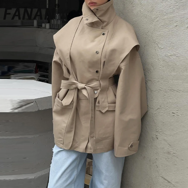 

FANAN Fashion Able Basics Windbreaker For Women Stand Collar Long Sleeve Patchwork Lace Up Casual Short Jacket Female New