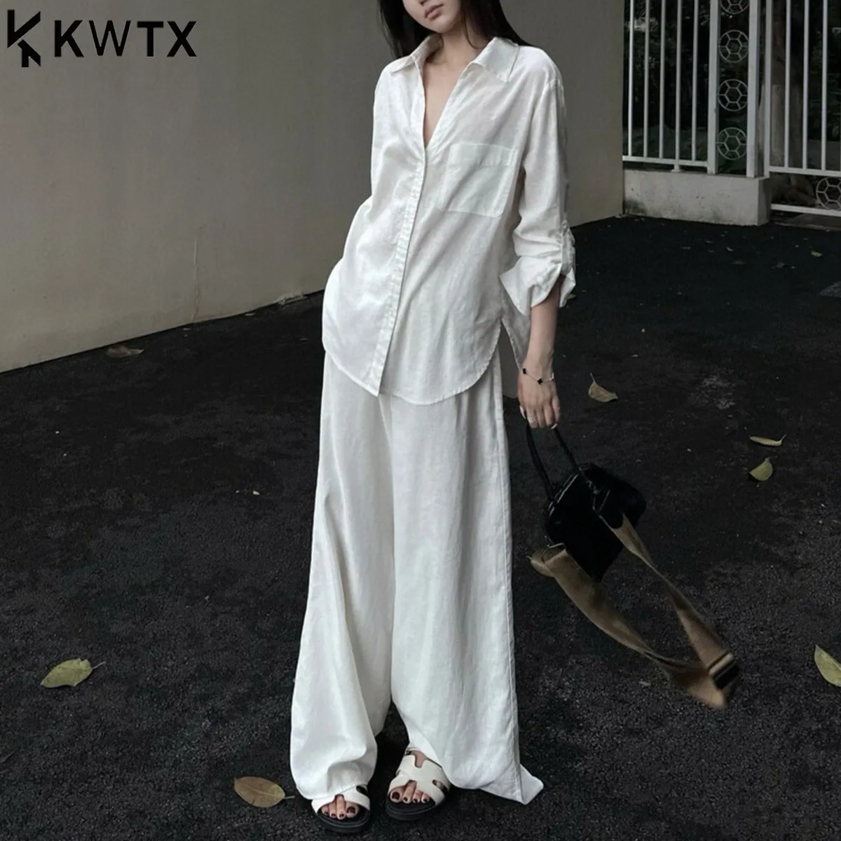 KWTX 여성용 화이트 캐주얼 셔츠 & 팬츠 세트 2피스 의상 - 루즈핏 라운지웨어 (커프 소매), 우아한 오피스룩