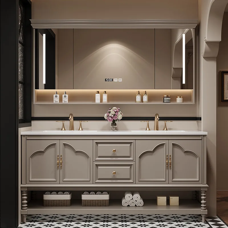 

French retro double basin bathroom cabinet combined integrated sink washbasin cabinet oak bathroom washstand cabinet floor