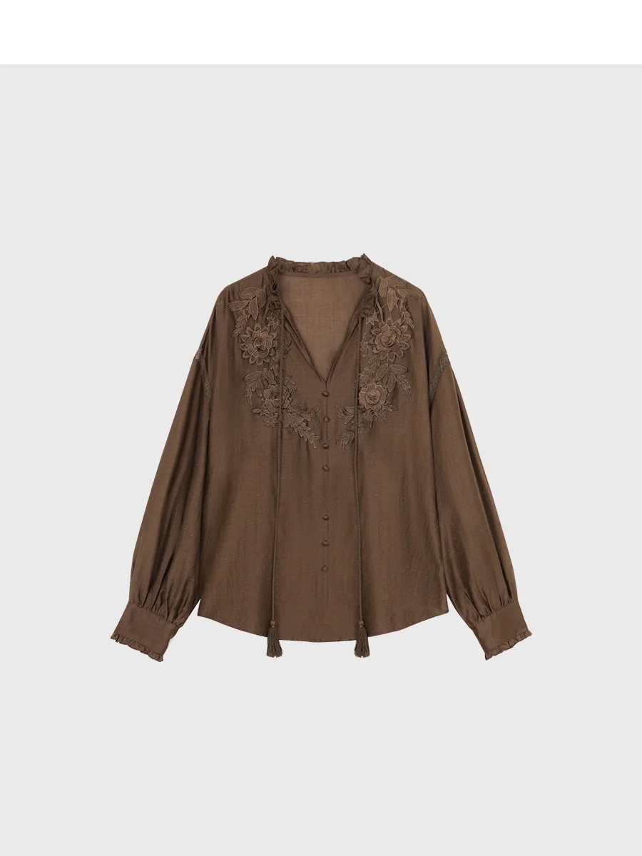 

Женская блузка CHACHASTU с длинным рукавом, свободного кроя, с цветочным узором, V-образным вырезом, французским кружевом, осенне-зимняя коллекция