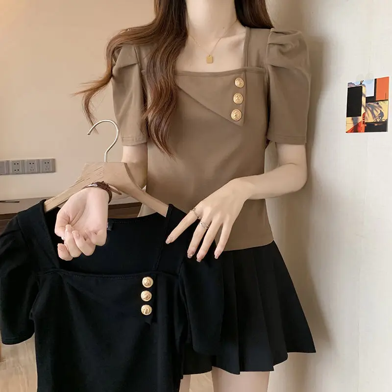 plus Size Women's Square Neck Short Sleeve T-Shirt Summer Slimming Belly Covering Meat Concealing Korean Style Commute Wind