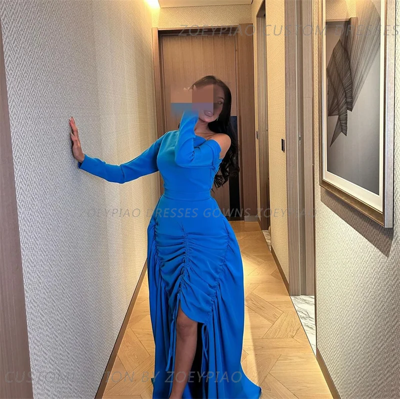 Blue Mermaid Prom Gowns Dress Women's Long Sleeve Side Slit Party Evening Gown Pleated Satin Floor Length Formal Dresses