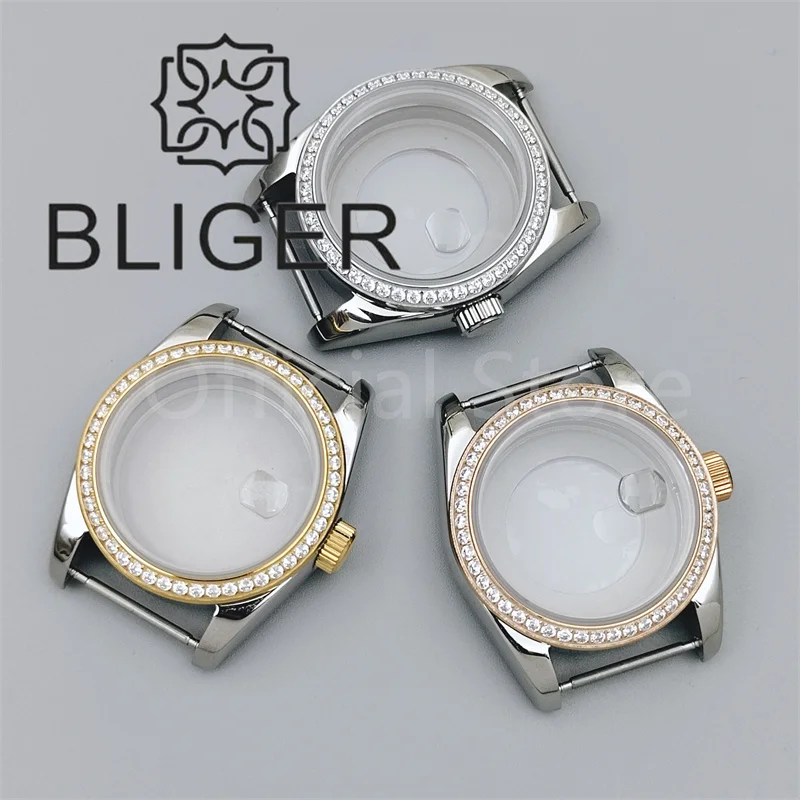 BLIGER 31mm Decorated Diamond Women Watch Case Sapphire Crysta Lens Silver Gold Rose Gold Bezel Fit NH05 Movement Stanless Steel